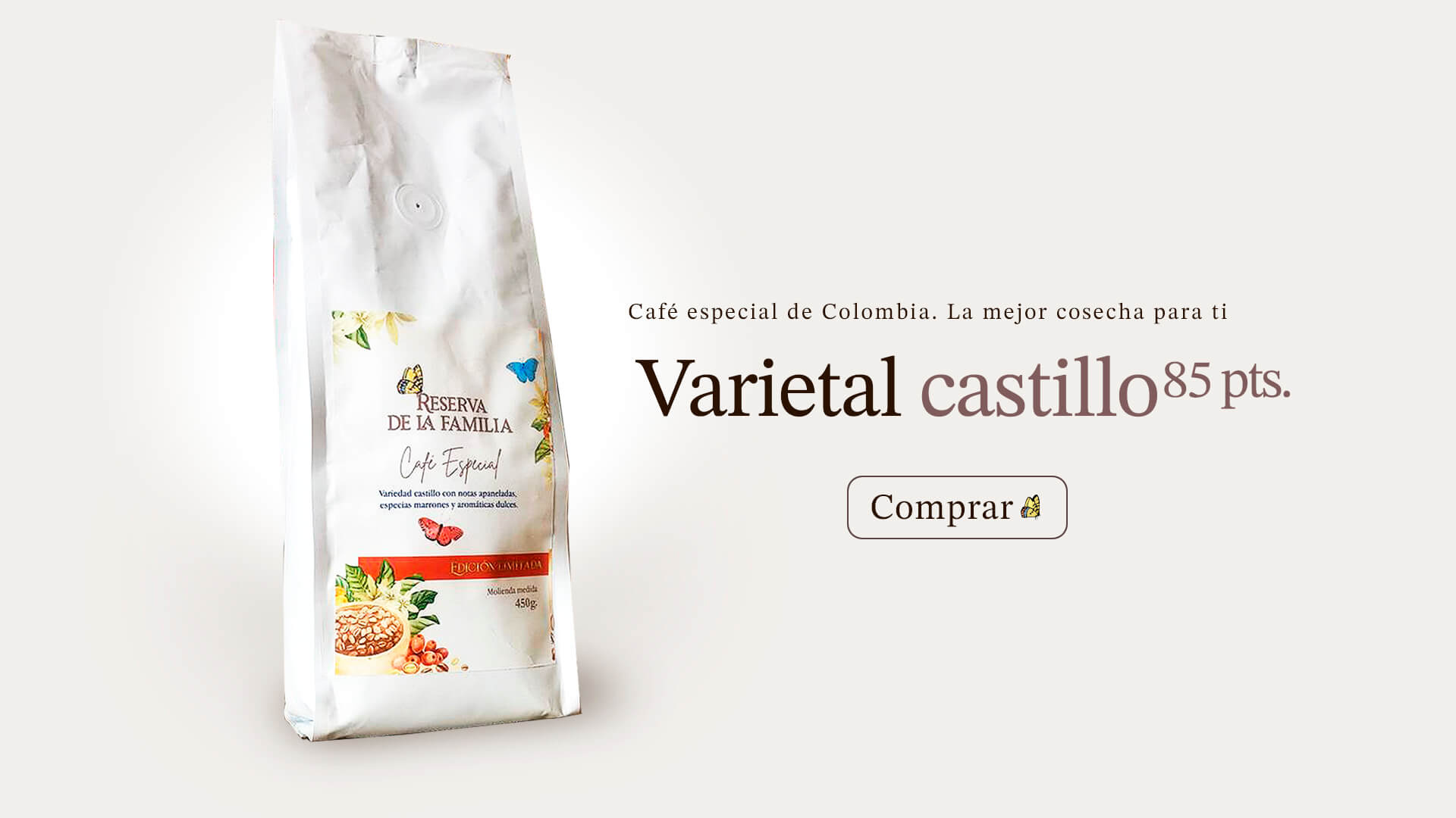 Café especial de colombia. Variedad castillo de 85 puntos. Café arábiga tostado.